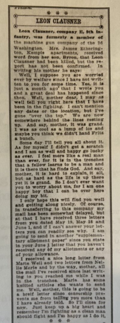 Clausner letter from The Semi-Weekly Spokesman Review, Spokane 9.8.1918