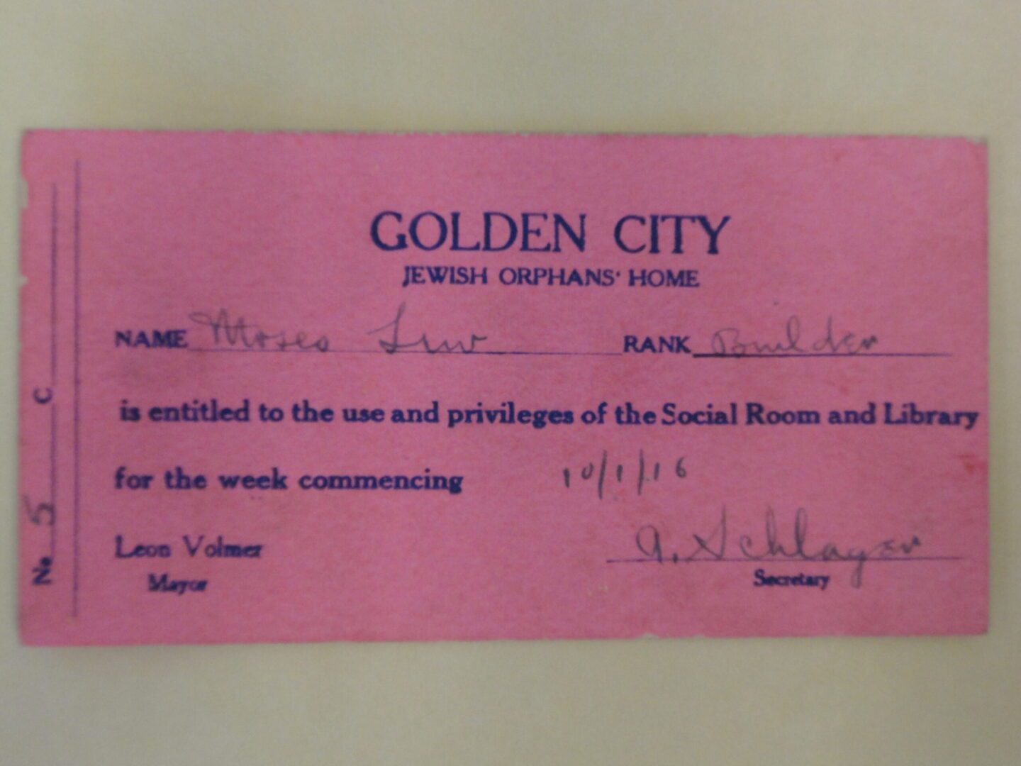 Moses Lew's Golden City card, Oct. 1916