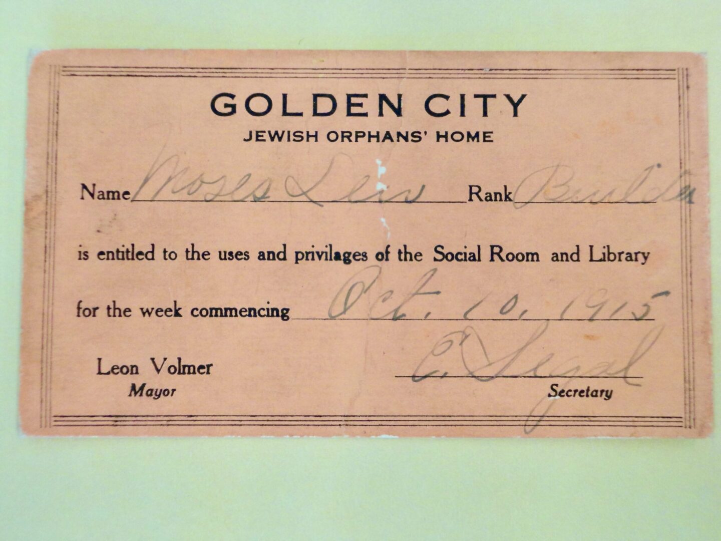 Moses Lew's Golden City Card, Oct. 1915