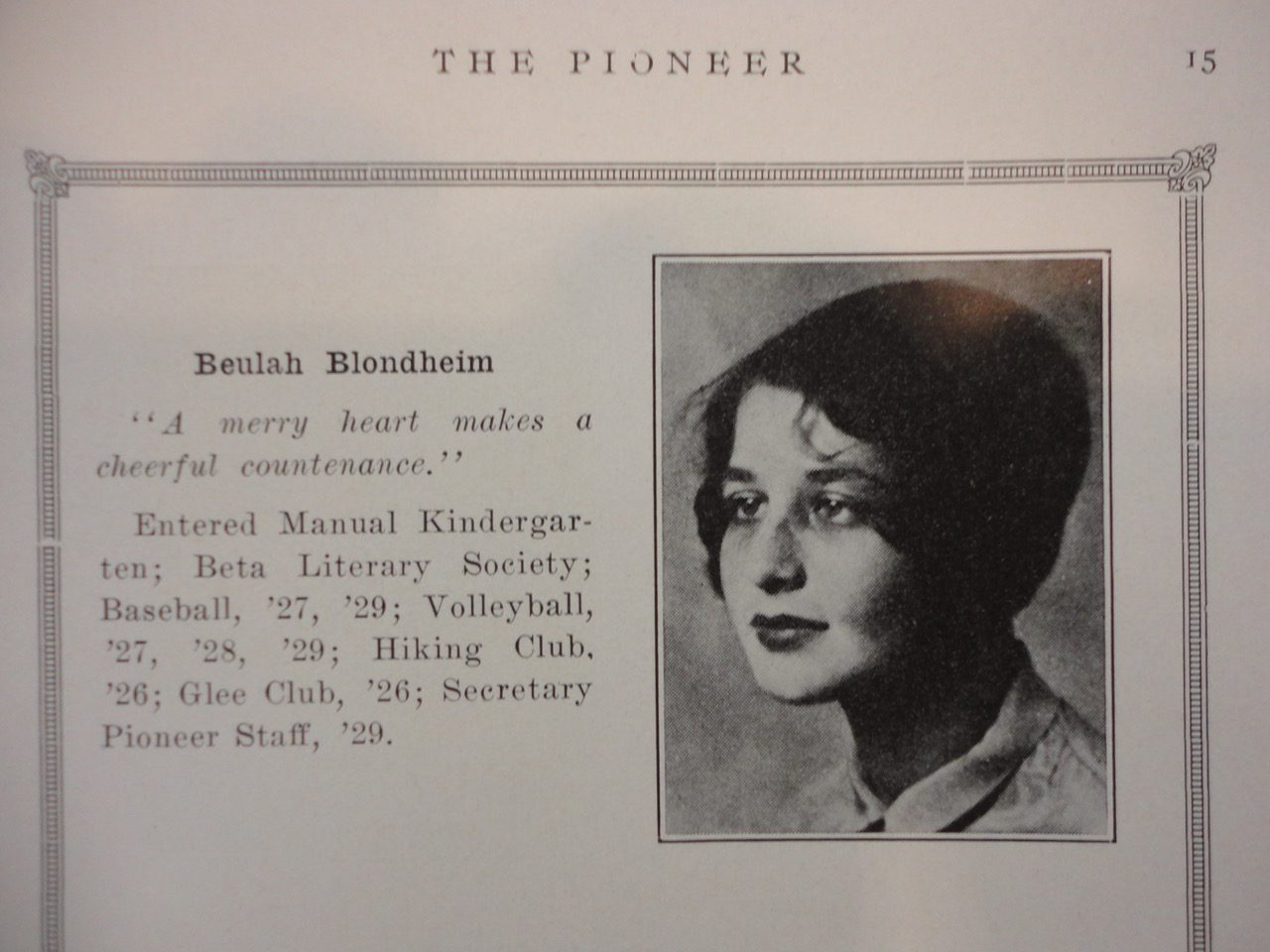 Beulah Blondheim, Newman Pioneer, 1929