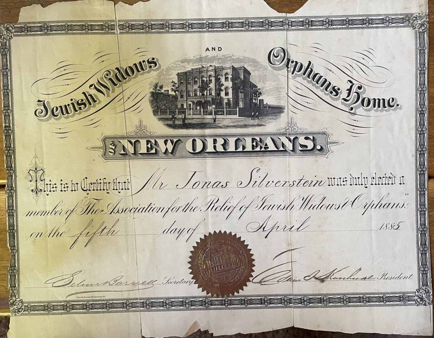 Jonas Silverstein certificate, 1885