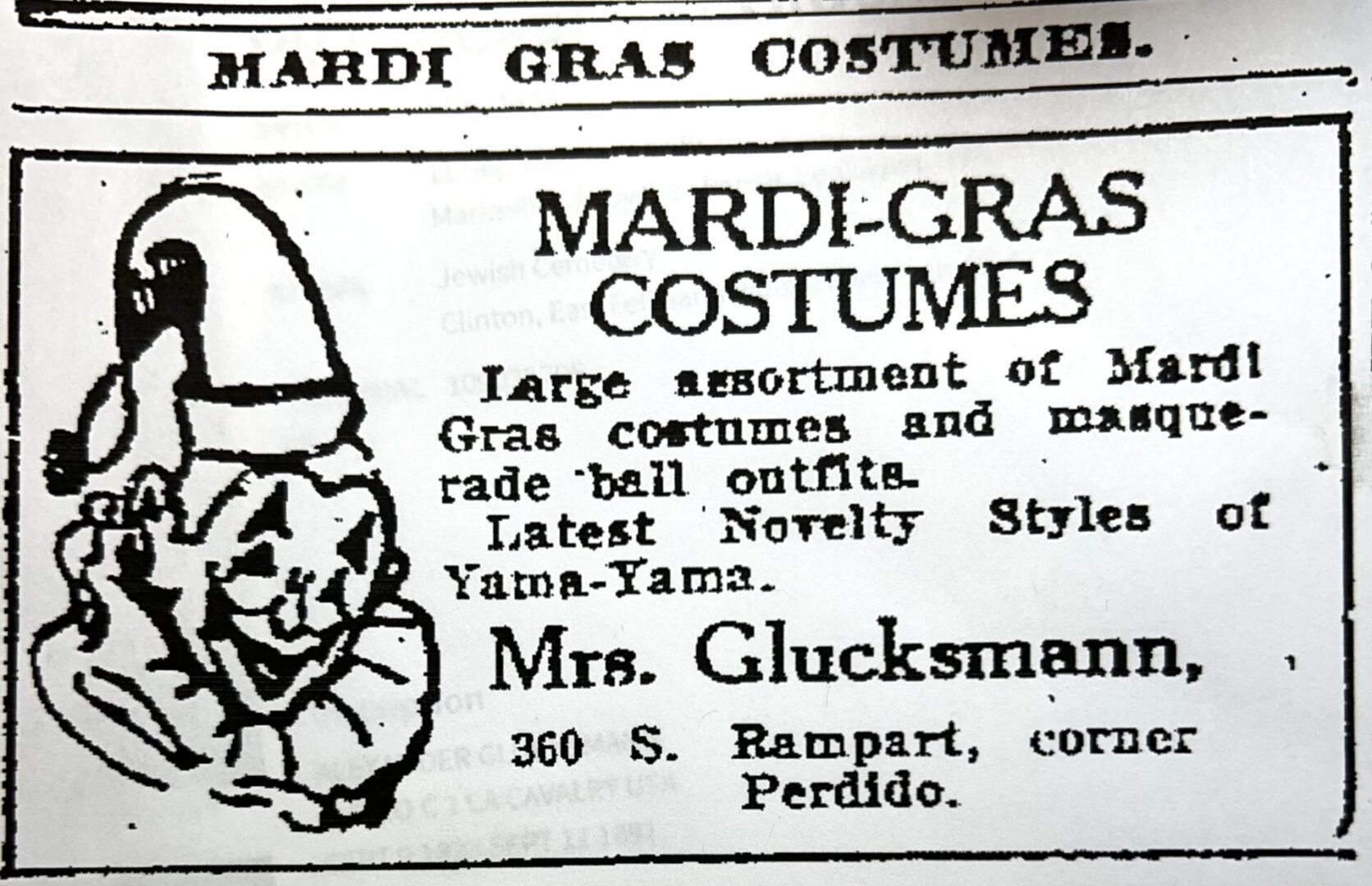 Mrs. Glucksmann Mardi Gras costumes ad 1916