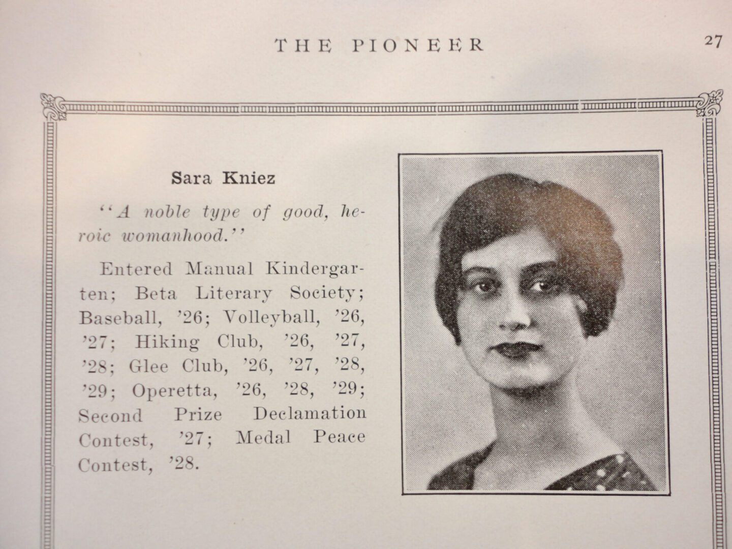 Sarah Kniez, Isidore Newman Pioneer, 1929