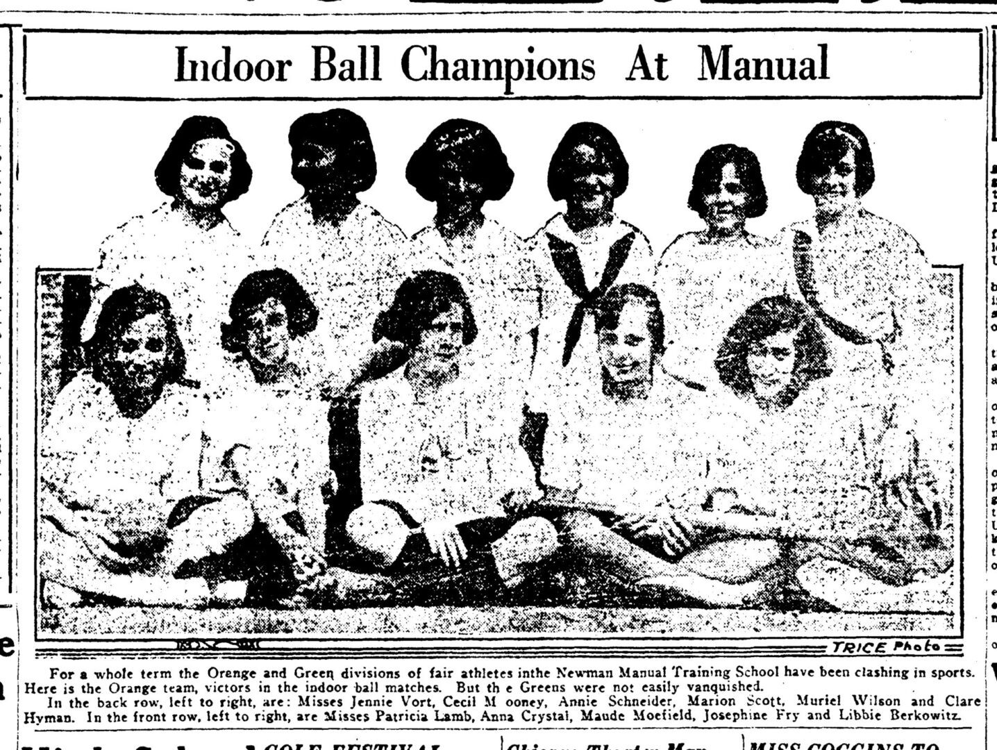 Libbie Berkowitz, bottom right, Newman Basketball team 1923