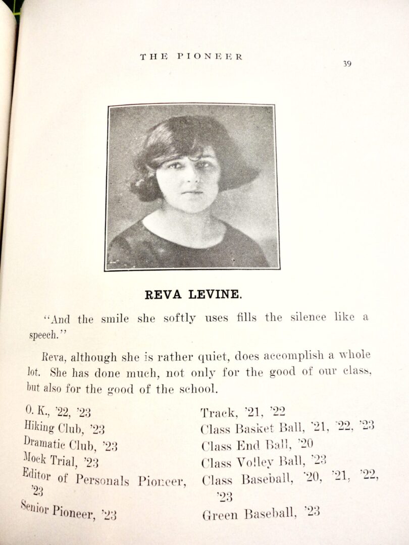 Reva Levine, Newman Pioneer 1923