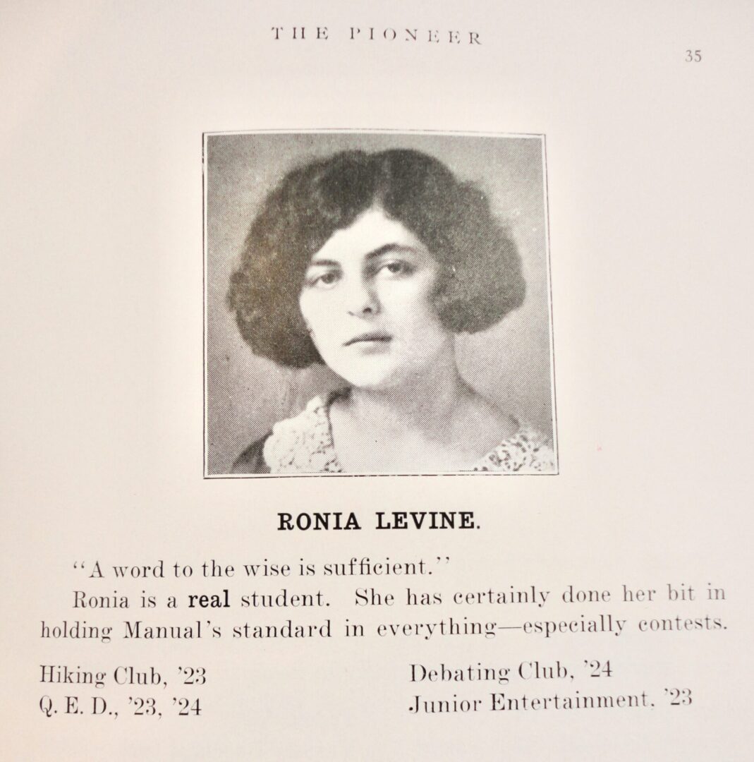 Ronia Levine, Newman Pioneer, 1924