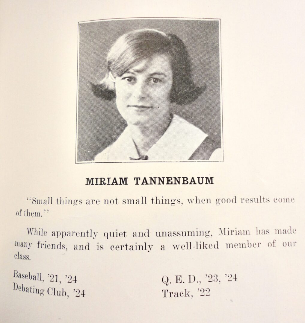 Miriam Tannenbaum, Newman Pioneer 1924