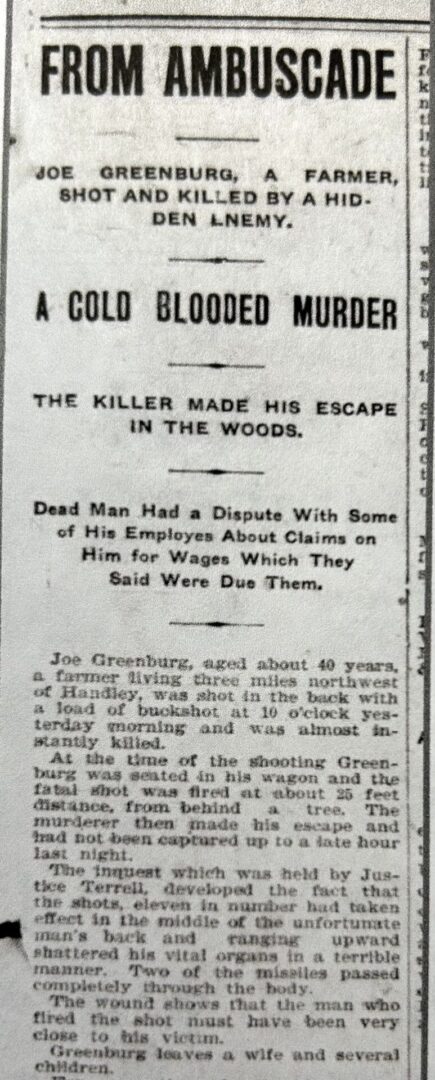 Murder of Joe Greenberg (sic), Fort Worth Record & Register, 12.28.1901