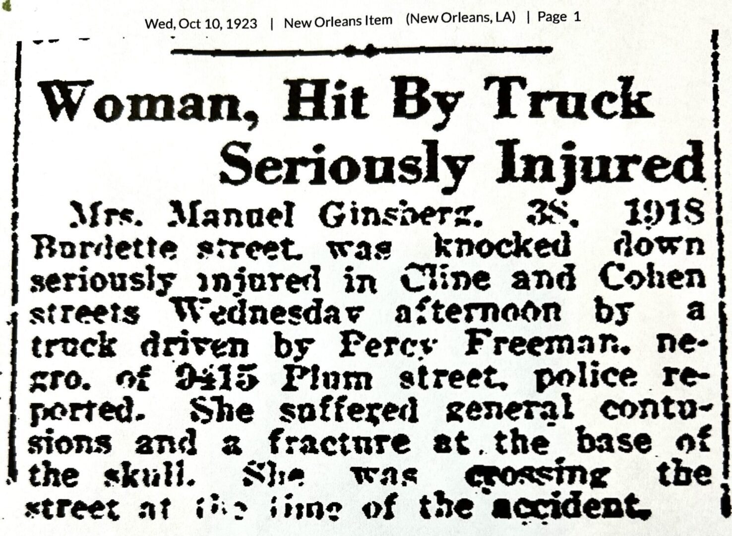 Dora Ginsberg, New Orleans Item, October 10, 1923